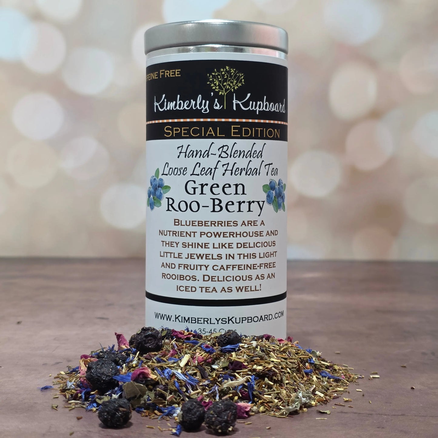 Green Roo-Berry Tea. Loose leaf tea made with Green Rooibos Tea, blueberries, cranberries, hibiscus and rosehips--Caffeine Free Kimberlys Kupboard
