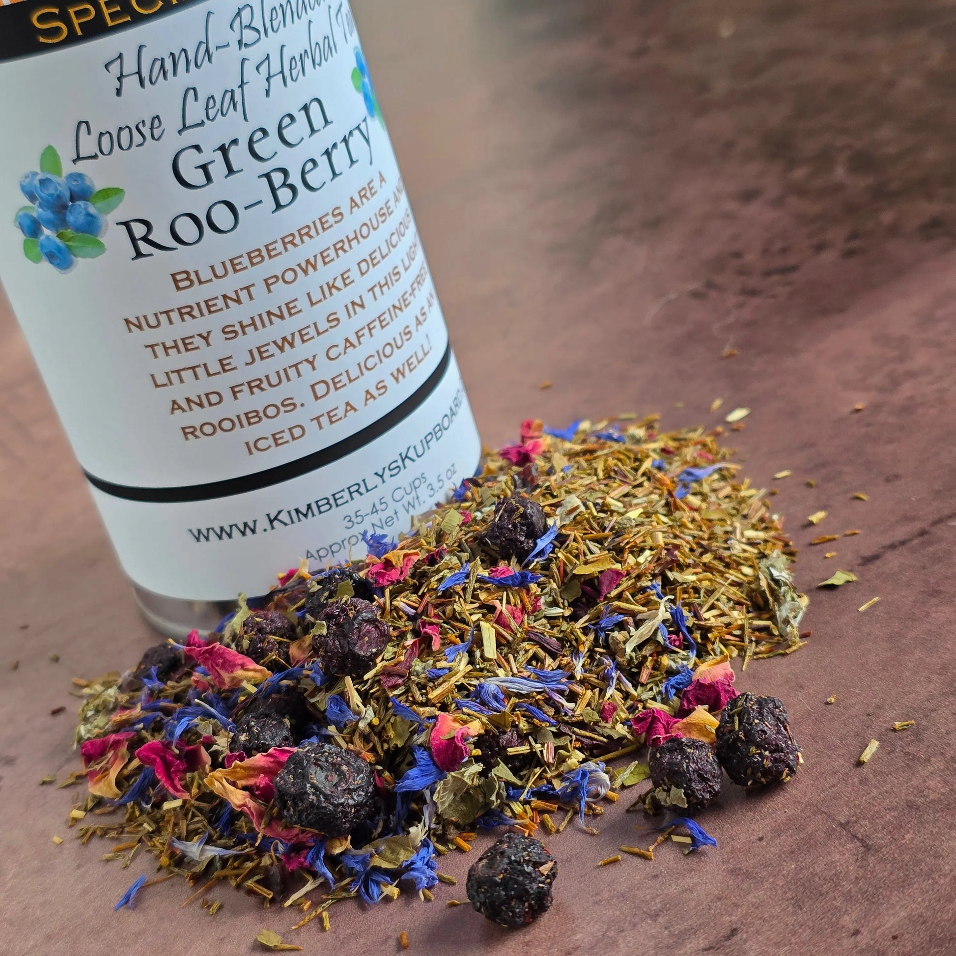 Green Roo-Berry Tea. Loose leaf tea made with Green Rooibos Tea, blueberries, cranberries, hibiscus and rosehips--Caffeine Free Kimberlys Kupboard