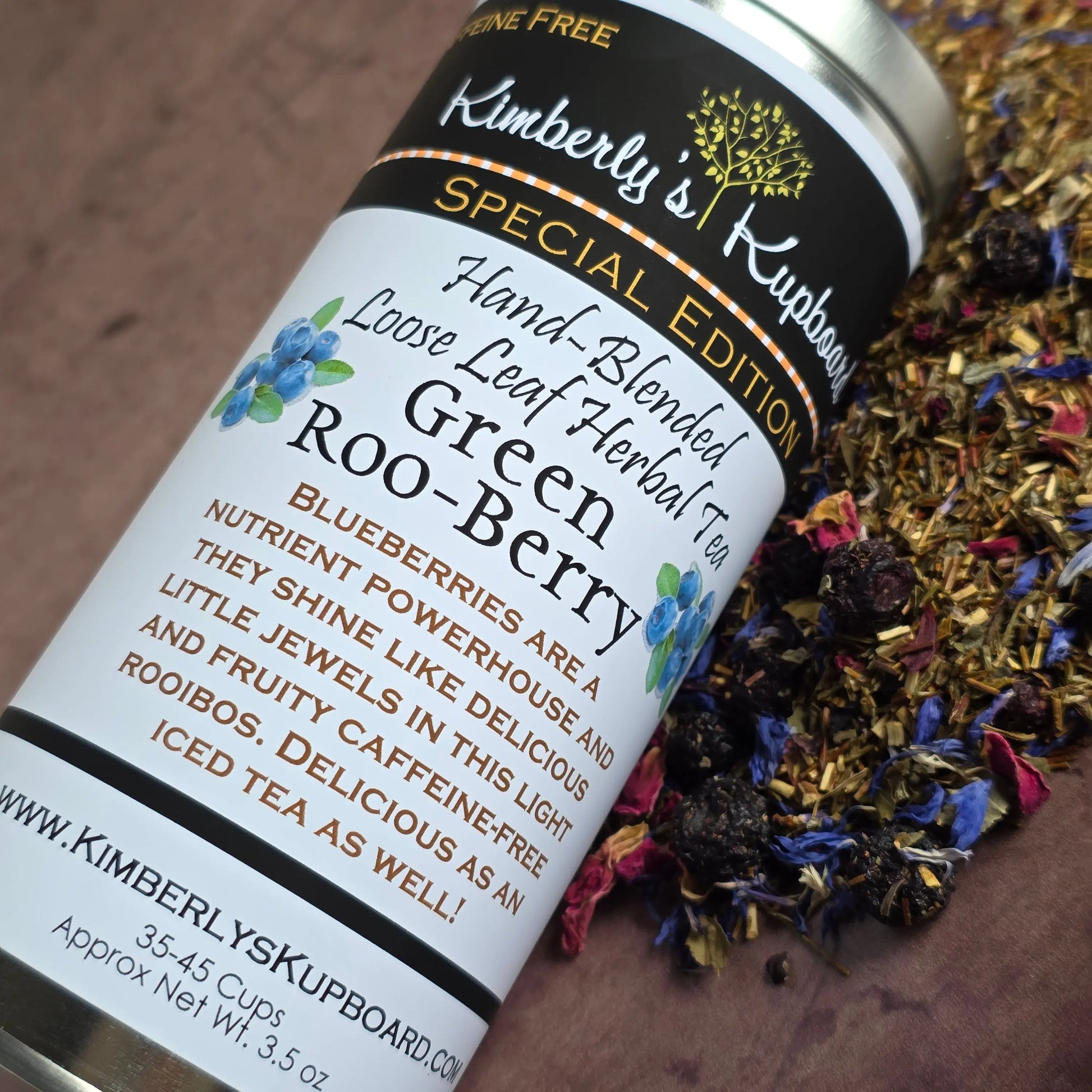 Green Roo-Berry Tea. Loose leaf tea made with Green Rooibos Tea, blueberries, cranberries, hibiscus and rosehips--Caffeine Free Kimberlys Kupboard
