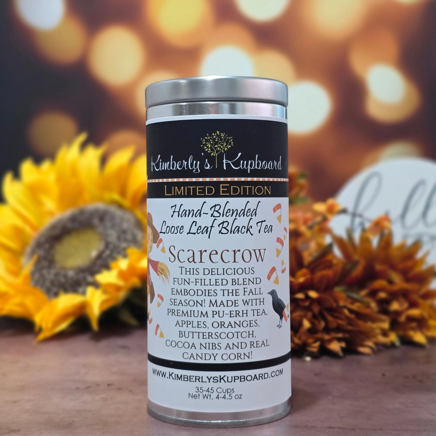 Scarecrow Fall Black tea made with real Candy Corn, apples, oranges, and cinnamon! Kimberlys Kupboard