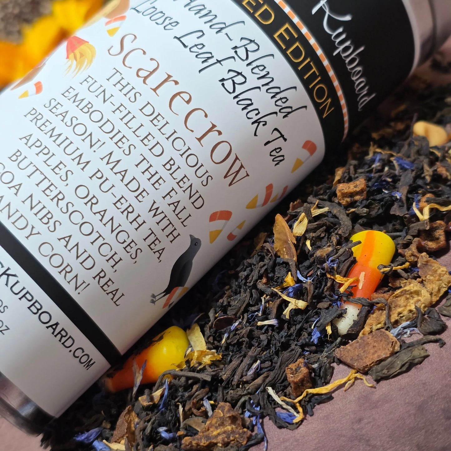 Scarecrow Fall Black tea made with real Candy Corn, apples, oranges, and cinnamon! Kimberlys Kupboard