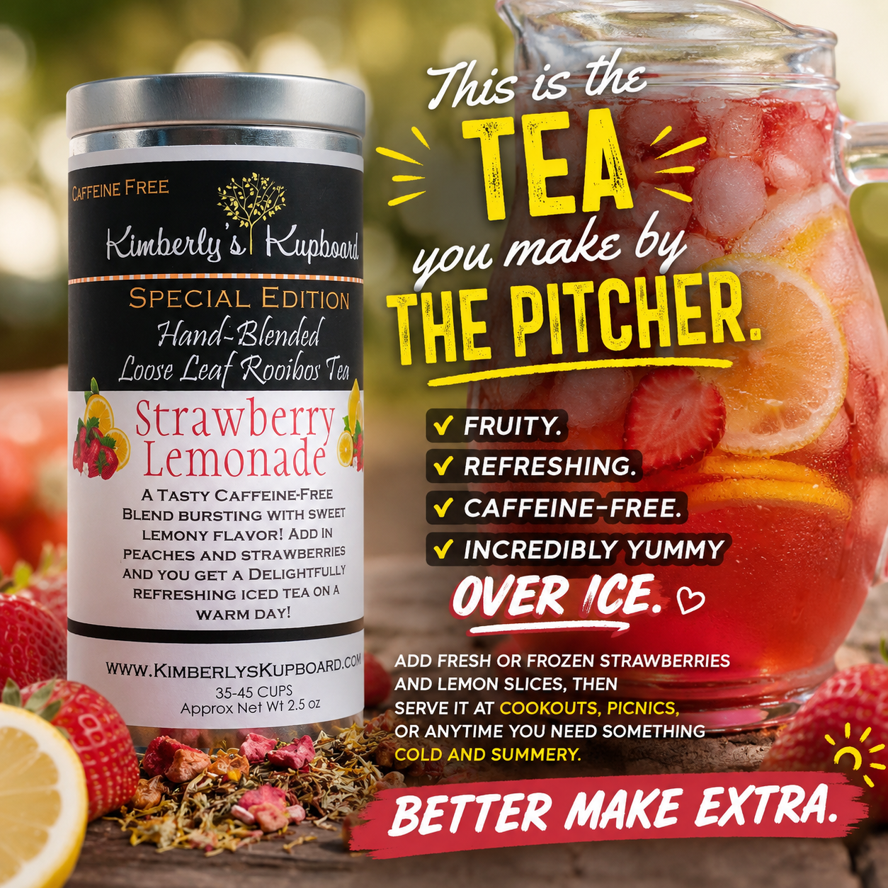 Strawberry Lemonade Rooibos Tea delicious Caffeine free tea made with real strawberries, lemon & Peaches Kimberlys Kupboard