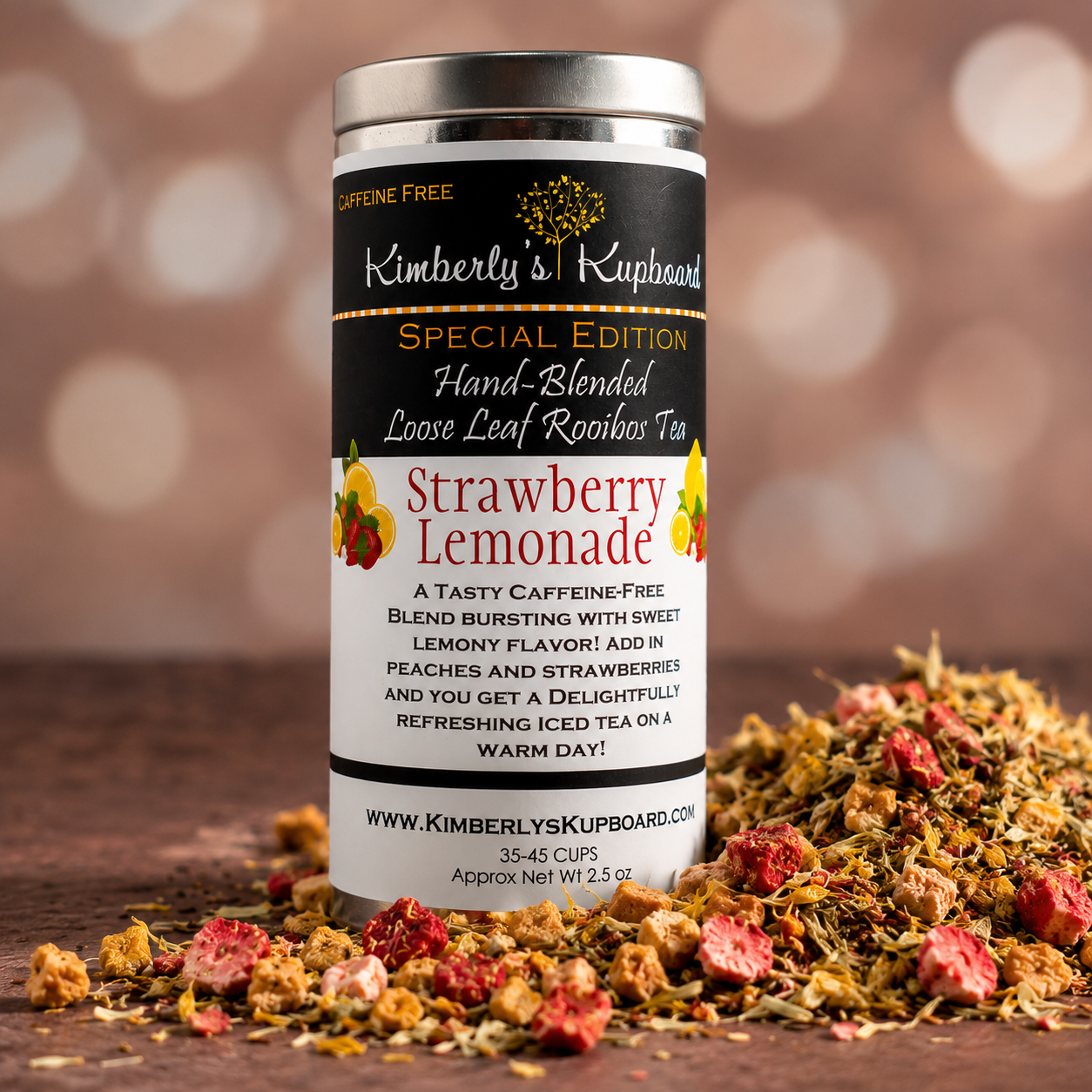 Strawberry Lemonade Rooibos Tea delicious Caffeine free tea made with real strawberries, lemon & Peaches Kimberlys Kupboard