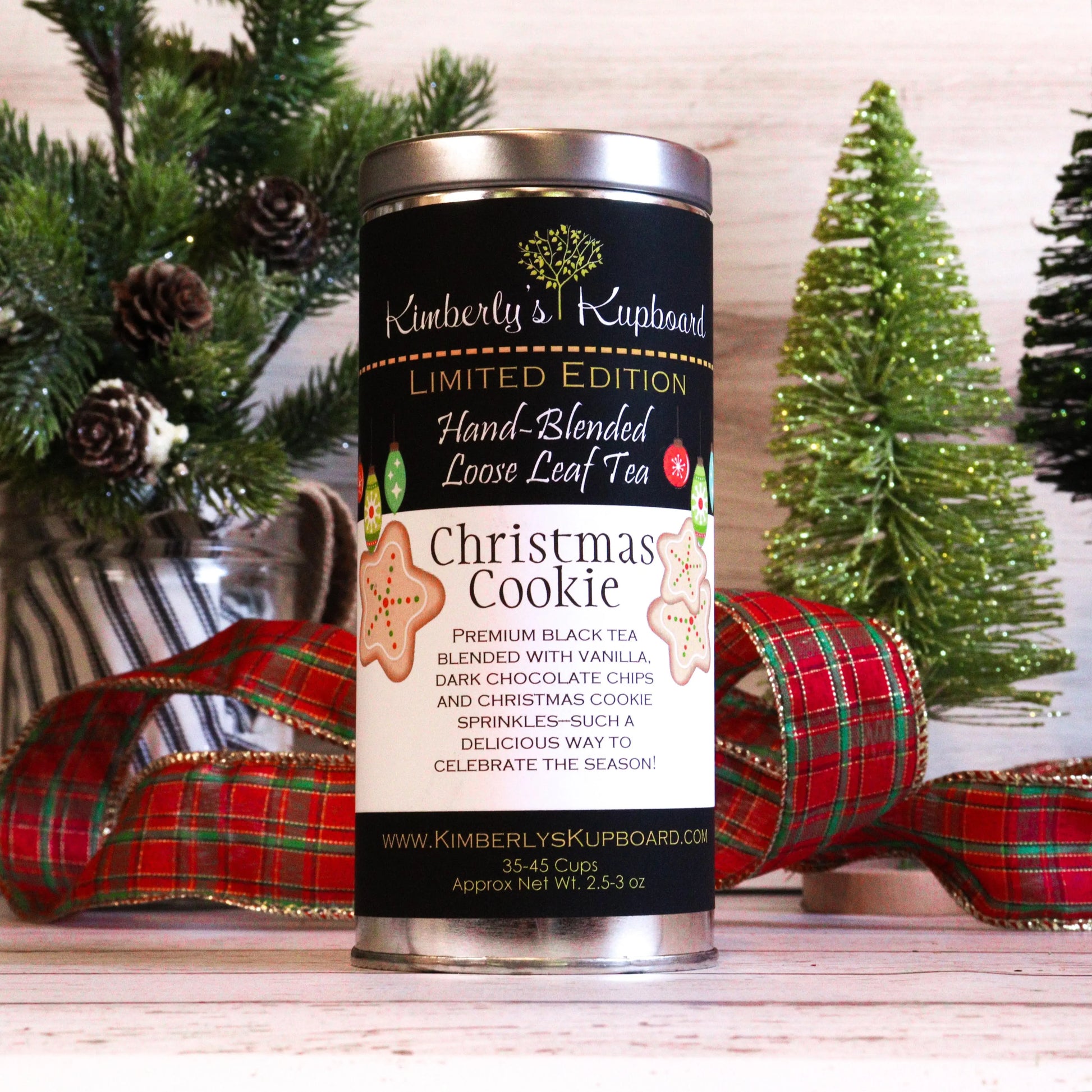 Christmas Cookie tea made with Black tea, real Vanilla Beans, chocolate chips and Sugar Sprinkles! Kimberlys Kupboard