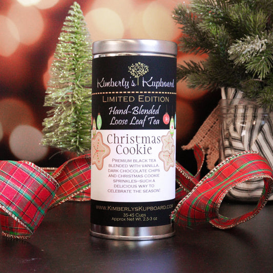 Christmas Cookie tea made with Black tea, real Vanilla Beans, chocolate chips and Sugar Sprinkles! Kimberlys Kupboard