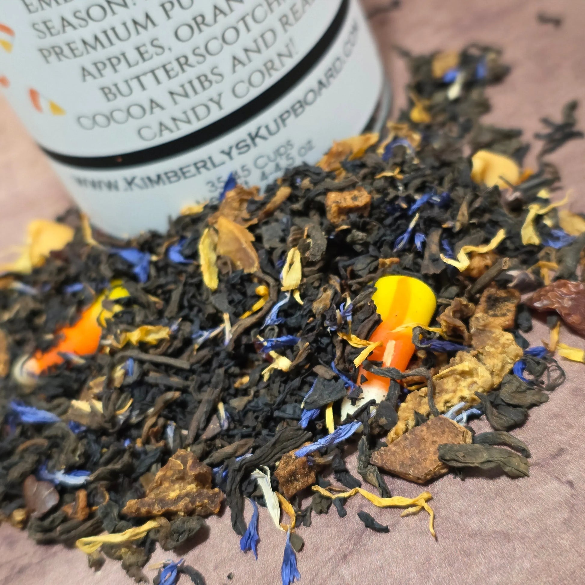 Scarecrow Fall Black tea made with real Candy Corn, apples, oranges, and cinnamon! Kimberlys Kupboard