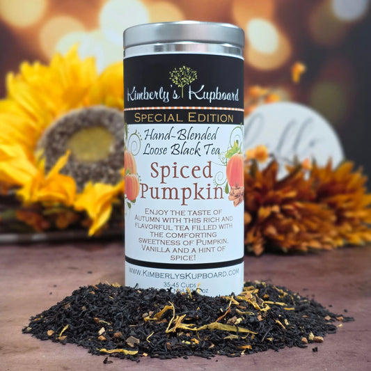 Spiced Pumpkin Delicious Fall Limited batch tea made with real cinnamon and vanilla! Kimberlys Kupboard