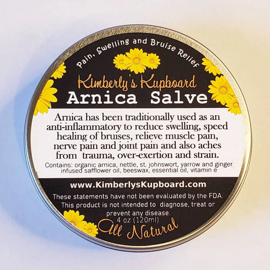 Arnica Salve, Pain salve all Purpose salve, for Bruises, Swelling, Restless Leg Syndrome, Sprains, Nerve Pain, Arthritis pain. Kimberlys Kupboard