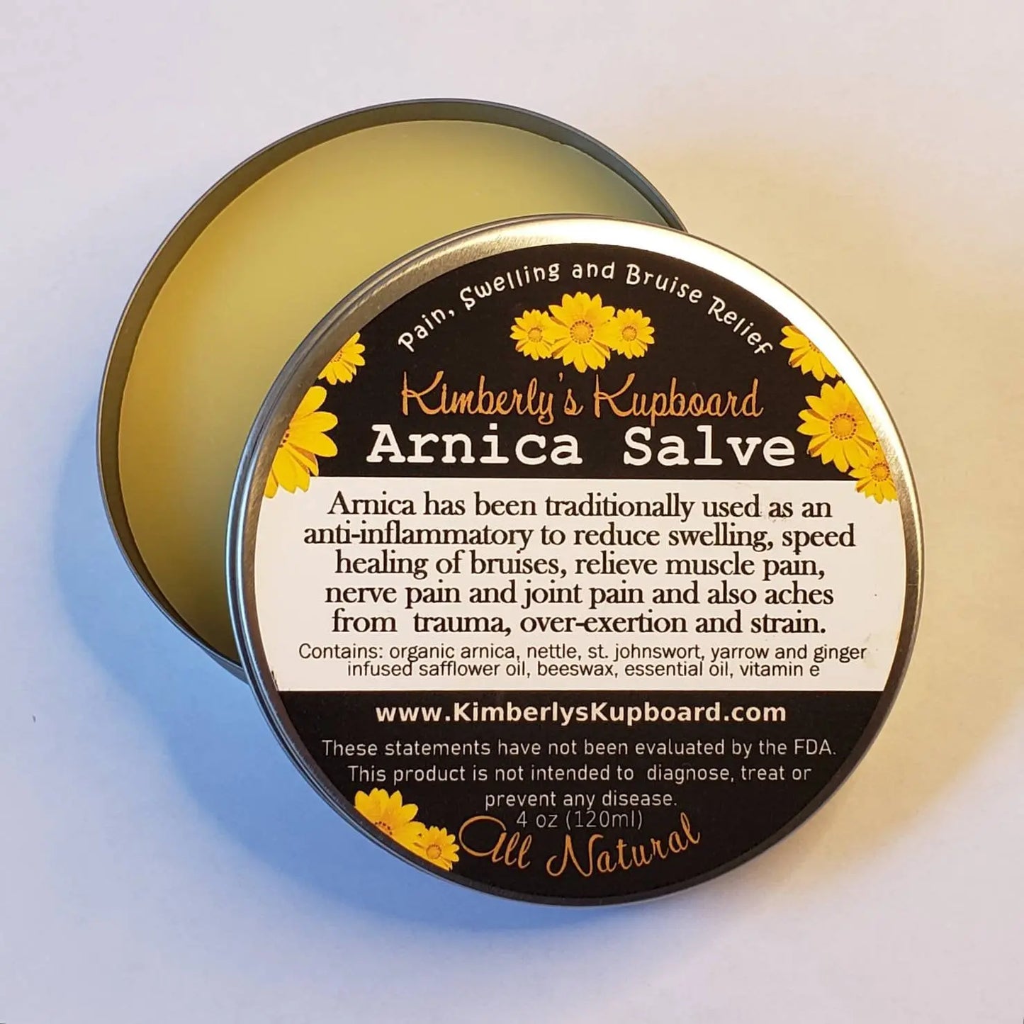 Arnica Salve, Pain salve all Purpose salve, for Bruises, Swelling, Restless Leg Syndrome, Sprains, Nerve Pain, Arthritis pain. Kimberlys Kupboard
