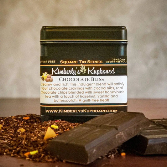 Chocolate Bliss Loose Leaf caffeine free tea.... made with Premium Honeybush tea, Cocoa Nibs, Butterscotch and Real Chocolate Chips! Kimberlys Kupboard