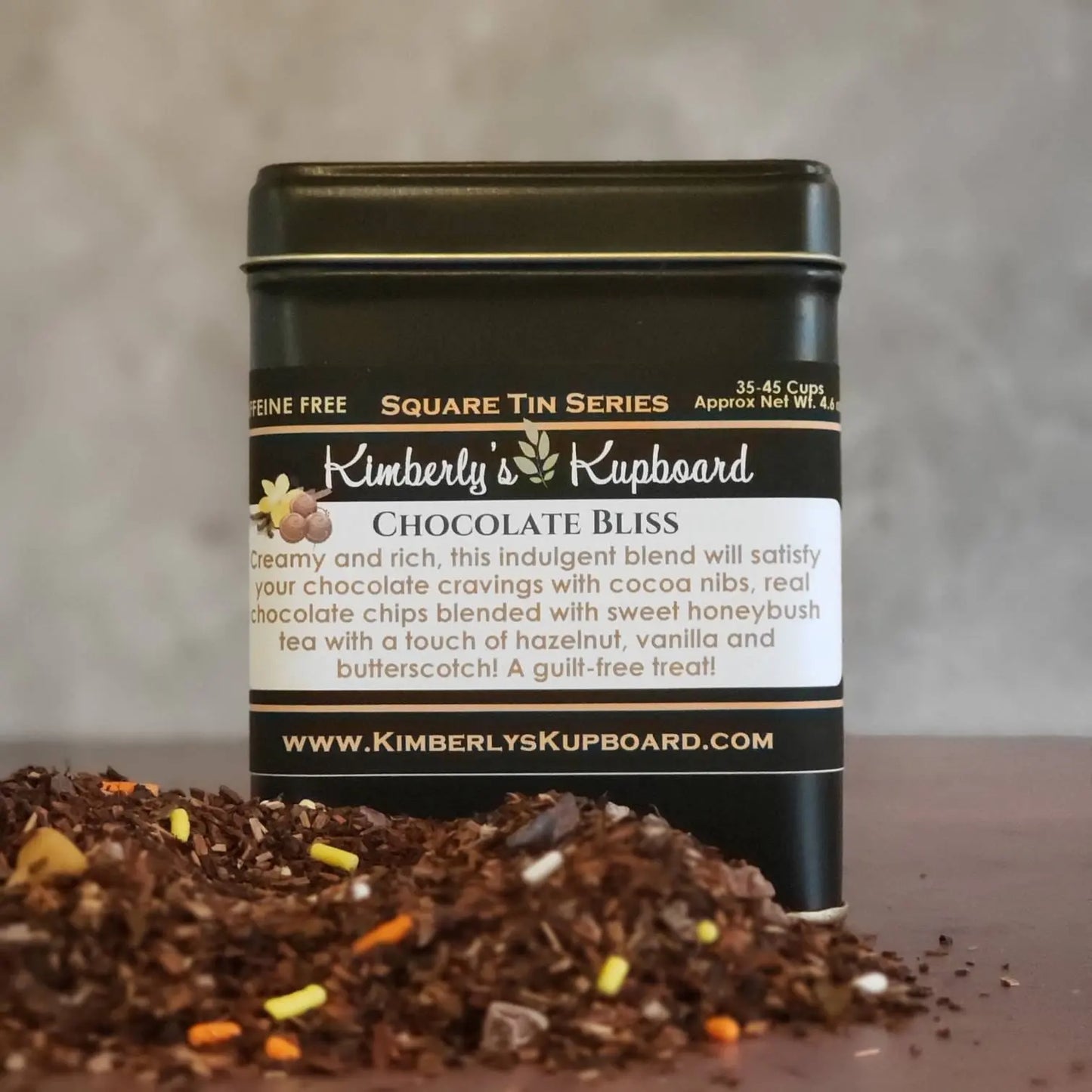 Chocolate Bliss Loose Leaf caffeine free tea.... made with Premium Honeybush tea, Cocoa Nibs, Butterscotch and Real Chocolate Chips! Kimberlys Kupboard