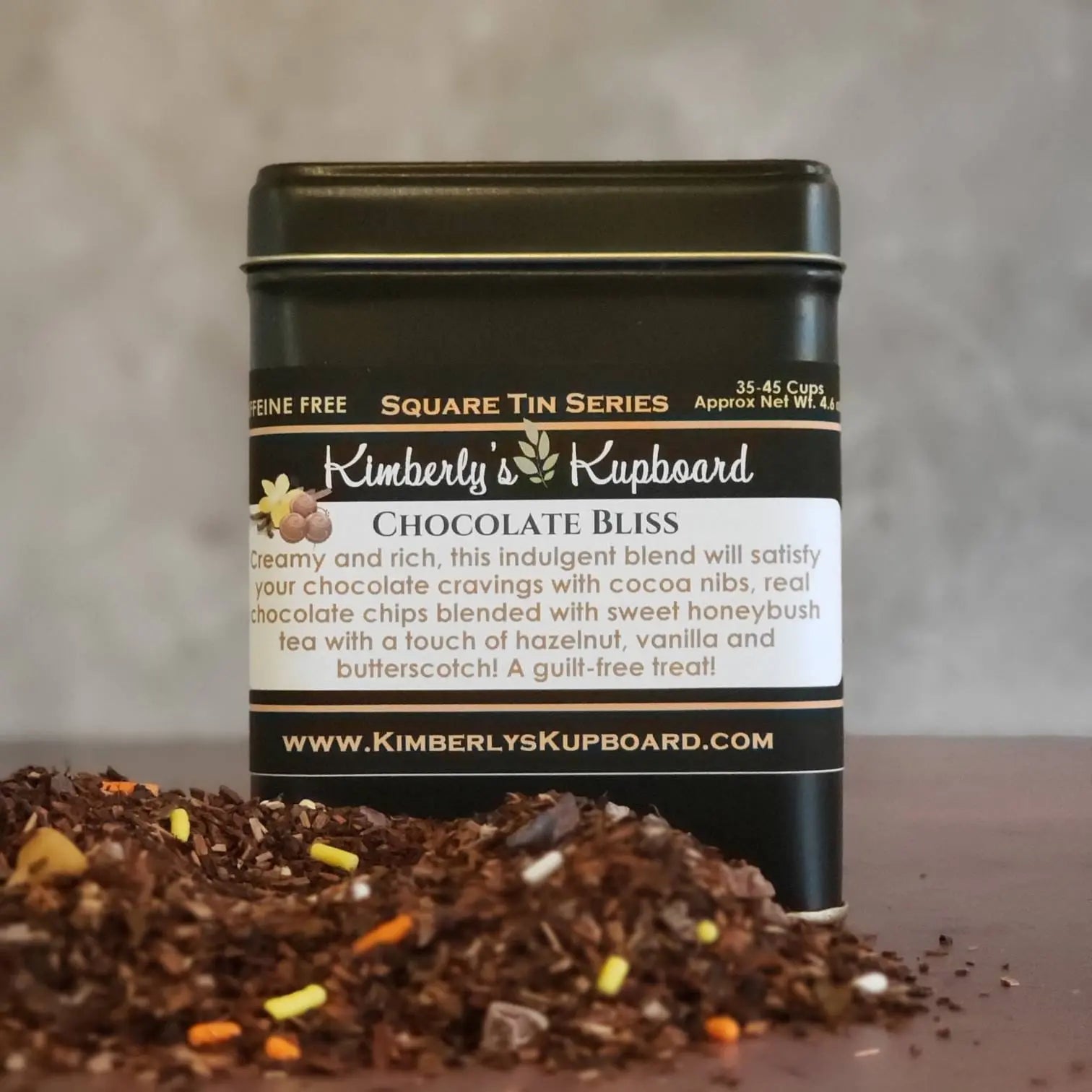 Chocolate Bliss Loose Leaf caffeine free tea.... made with Premium Honeybush tea, Cocoa Nibs, Butterscotch and Real Chocolate Chips! Kimberlys Kupboard