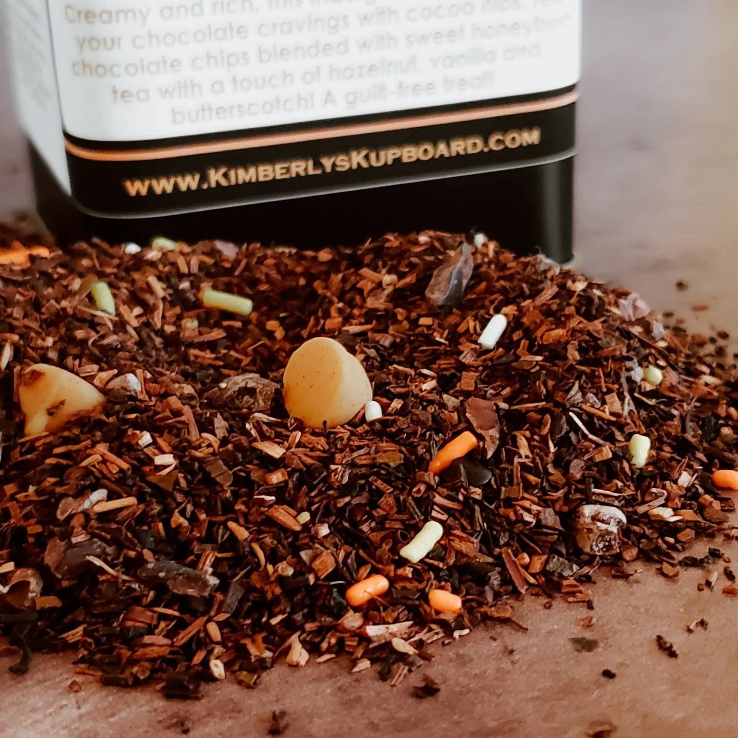 Chocolate Bliss Loose Leaf caffeine free tea.... made with Premium Honeybush tea, Cocoa Nibs, Butterscotch and Real Chocolate Chips! Kimberlys Kupboard