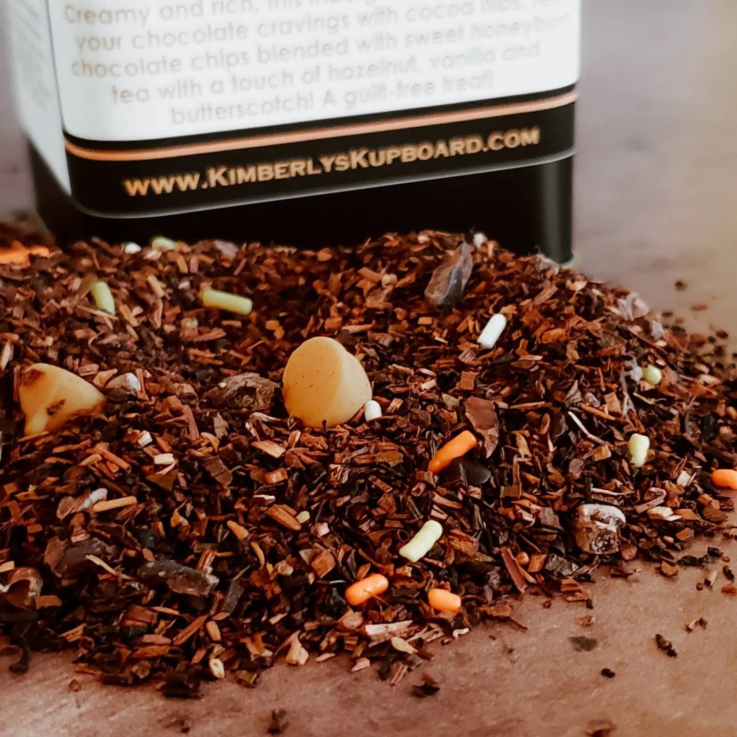 Chocolate Bliss Loose Leaf caffeine free tea.... made with Premium Honeybush tea, Cocoa Nibs, Butterscotch and Real Chocolate Chips! Kimberlys Kupboard